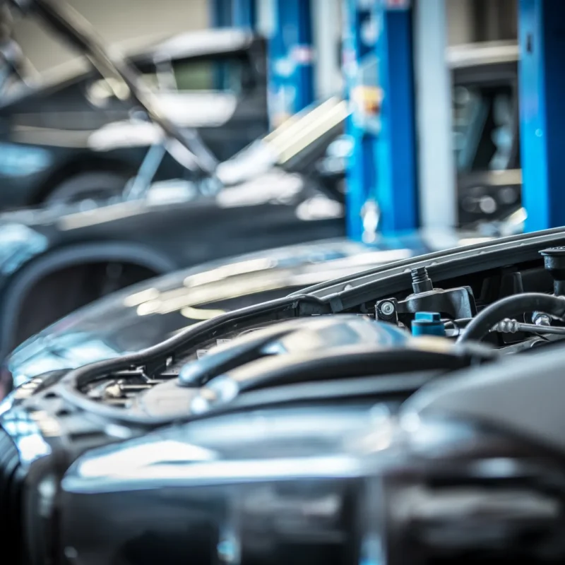 Two cars with their hoods open inside an auto repair shop, with blue vehicle lifts in the blurred background.