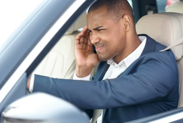 A man in a navy suit sits in a car's driver's seat holding his head in frustration.