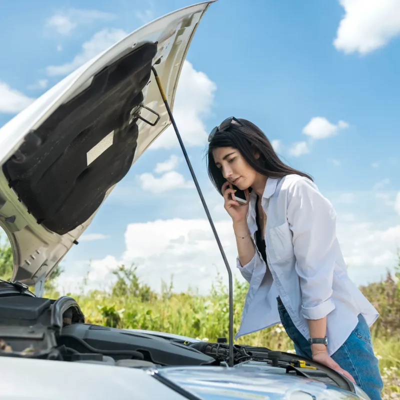 A woman talks on her cell phone while standing next to her white car with its hood raised on a grassy roadside.